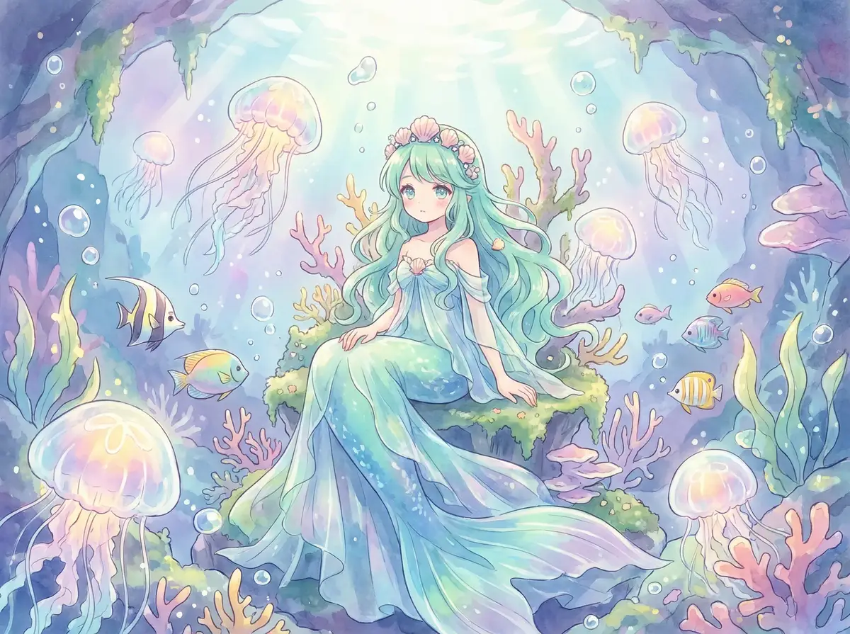 星夜绘梦作品 - 海底珊瑚王座上的人鱼少女