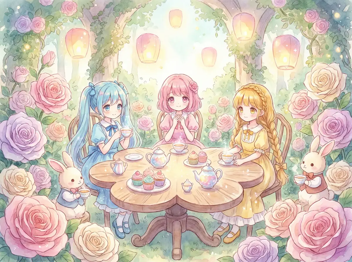 花间鹿作品 - 玫瑰花园中的童话茶会